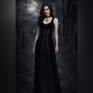 Vtg Y2K Black Velvet Cykxtees Gothic Corseted Lace Up Quilted Maxi Dress Xl